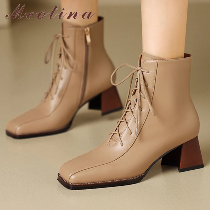 

Meotina Women Genuine Leather Ankle Boot Square Toe Block High Heel Zipper Lace-up Short Boot Ladies Fashion Shoes Autumn Winter