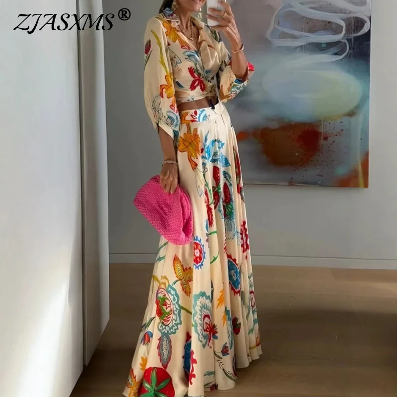 Damen Zweiteiler mit Blumenmuster: Hemd mit Reverskragen + Maxi-Schlagrock mit hoher Taille, Boho-Set für Urlaub, Strand und Ferien, passendes Outfit