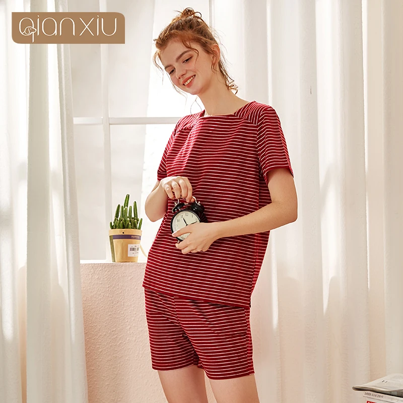 2021 Female Pajamas Suit Sleep Two piece Set Women\'s Cotton Short Sleeve Stripe Pajamas Shorts Short Sleeve Loose Home clothes