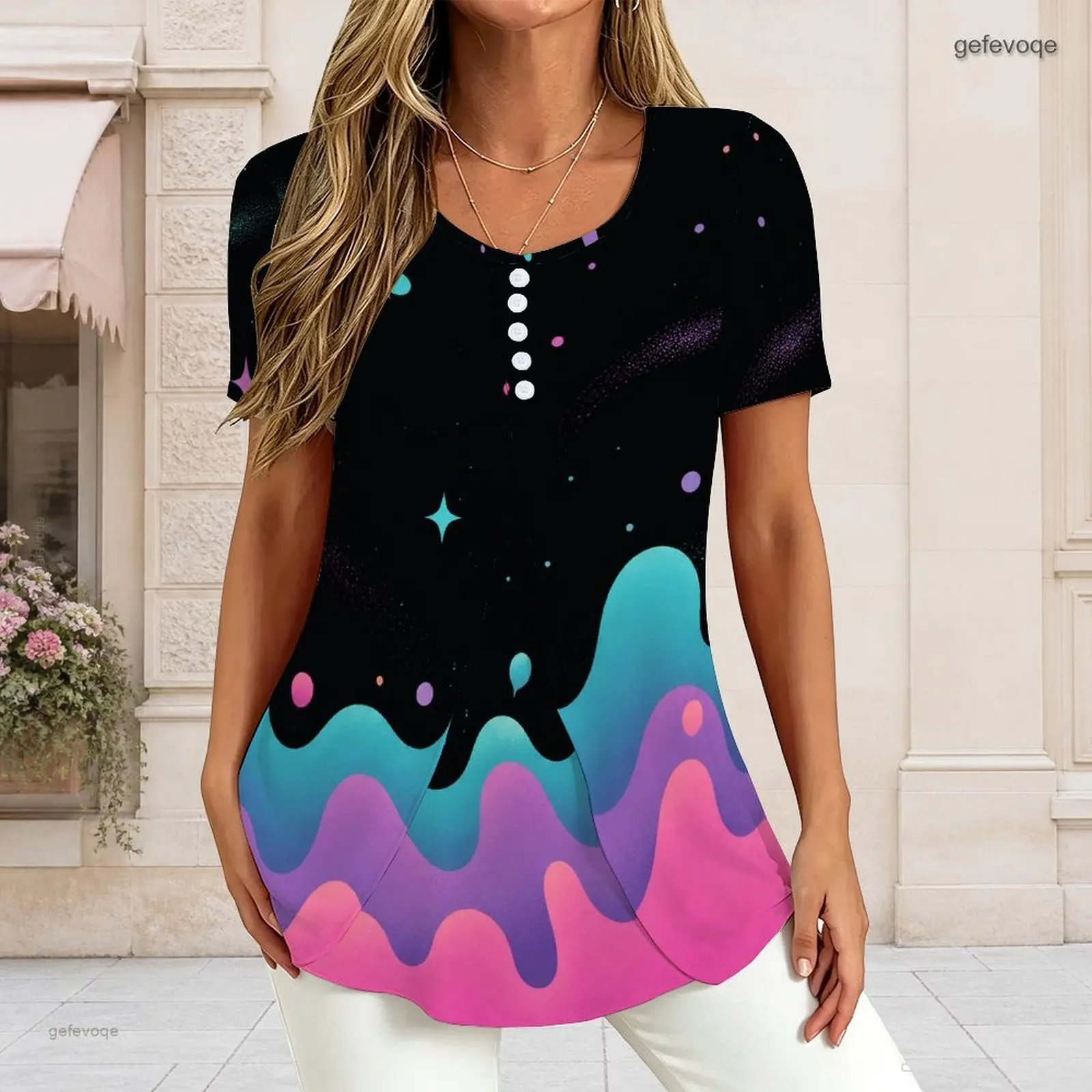 Women V Neck Short Sleeve T Shirt Half Button Placket Fake Two Piece Layered Curved Hem Loose Tunic Top Custom Print Ladies Casu