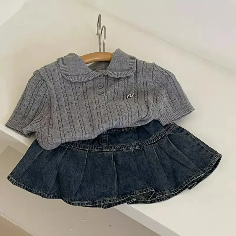 

Girls' Spring Outfit Set New Korean Style Fashionable Baby Girl Doll Collar Sweater and Denim Skirt
