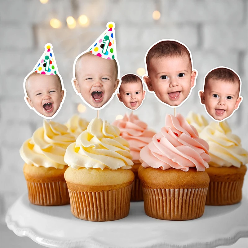 

Personalised Baby Face Cupcake Topper Custom Baby Face Party Hat Cupcake Topper for First Milestone Birthday Party