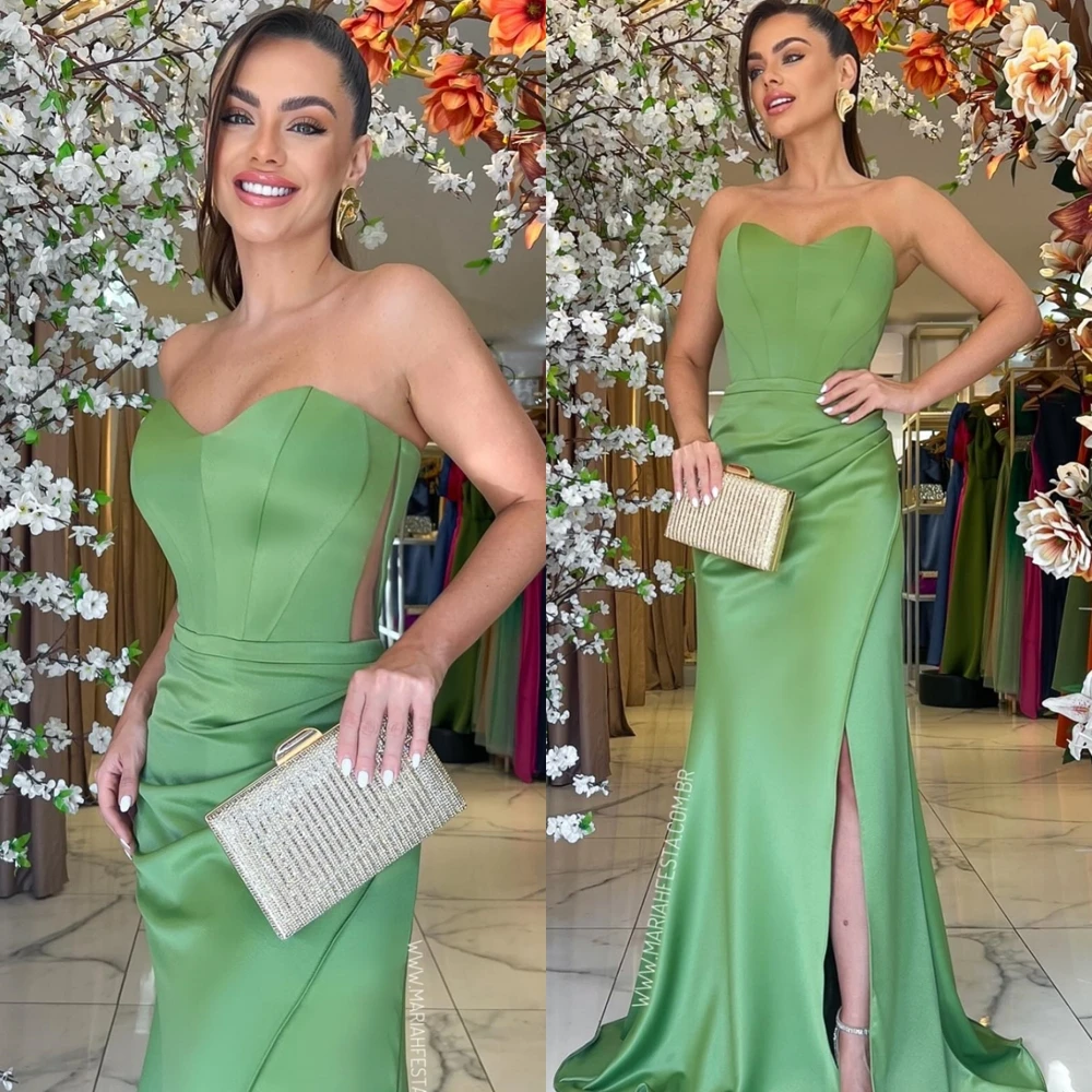 Customized Sweetheart Half Sleeves Luxury Evening Dress Mermaid Floor Length Fashion Cocktail Dress Green Lace Up Back Prom