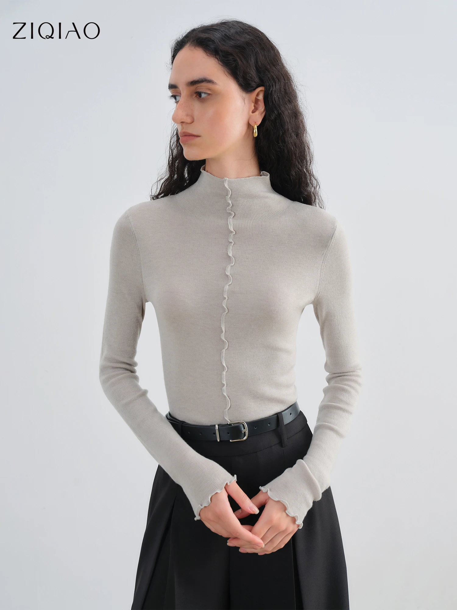 

ZIQIAO Qiaozhi Touch Petite Women's Half-High Collar Mulberry Silk Wool Knit Top 2025 Fall New Arrival Pullovers Top