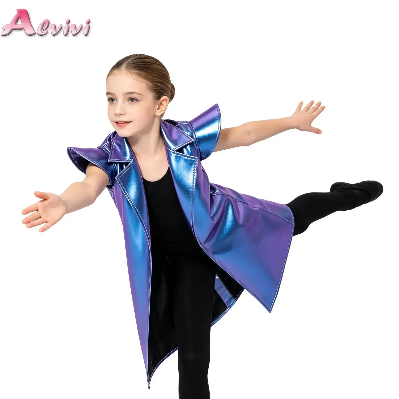 Boys Girls Metallic Trench Coat Cap Sleeve Lapel Collar Open Front Belted Long Jacket Coat with Pockets for Stage Performance