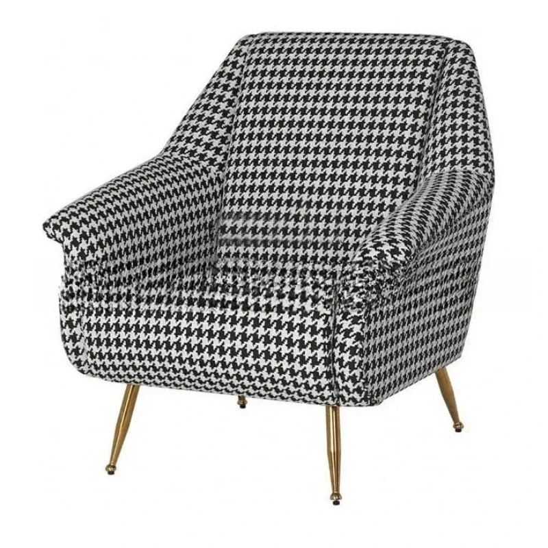 

Nordic Modern Thousand Birds Grid Fabric Single Sofa Furniture Cafe Stainless Steel Leisure Sofa Chair
