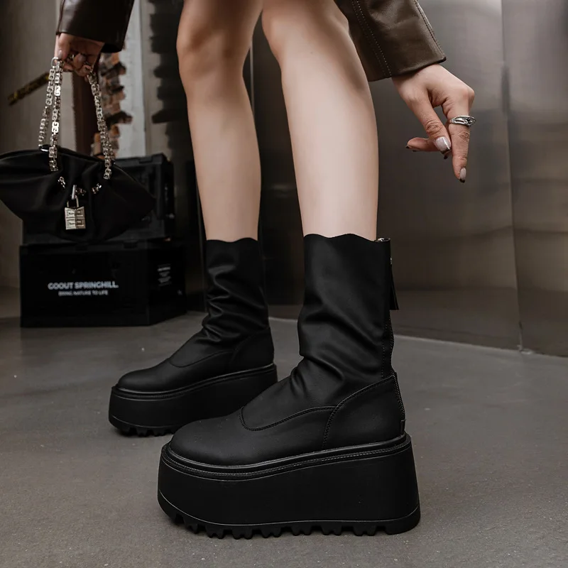 

8cm Women's Boots Round Toe Simple Ankle Boots for Women Solid Color Plus Wedge Shoes Fashion Luxury Women Boots