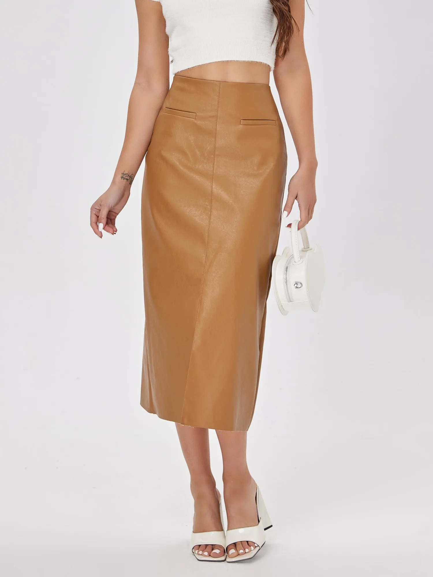 

ZHISILAO Faux Leather Long Skirt Women PU High Waist Slim Straight Skirt Jupe 2023 Split Designed Fashion Solid Mujer Faldas