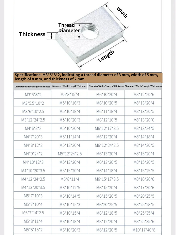 Zinc Plated Carbon Steel Rectangle Nut M3 M4 M5 M6 M8 M10 Flat Rectangular Slider Nuts For Aluminum Profile Machinery Fastener