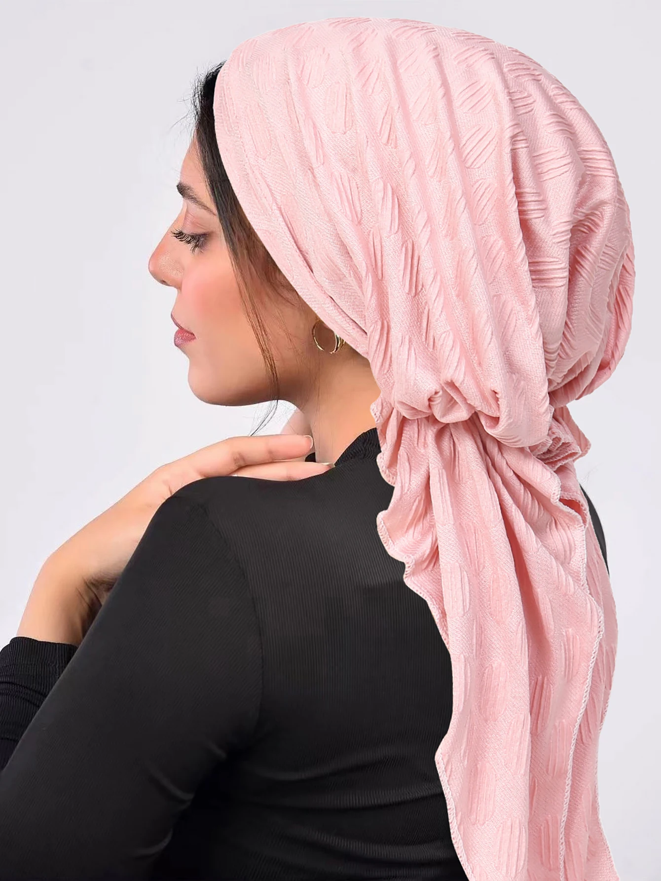 Ramadan Solid Color Muslim Hijab Caps Wrap Head Soft Elastic Long Tail Turban Bonnet Fashion Women Headdress Wearable