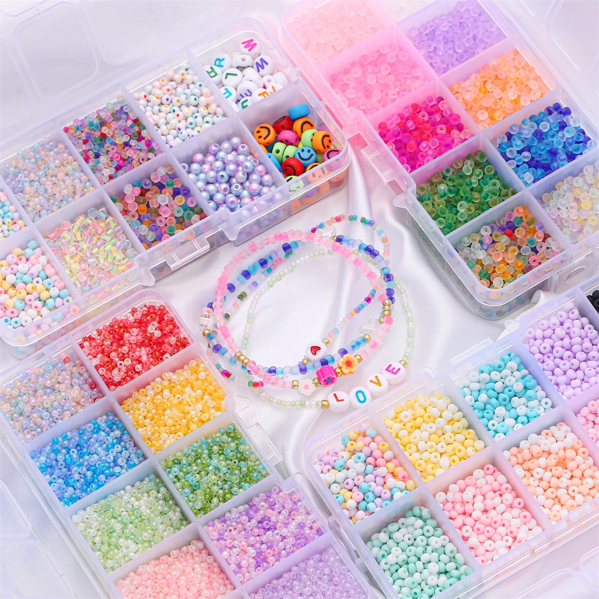 Kit Completo DIY para Joias: 10 Grades de Miçangas Arroz Misturadas 2-3mm (2200-6600 Peças) - Cores Sólidas Fosco Iridescente + Letras para Pulseiras e Colares