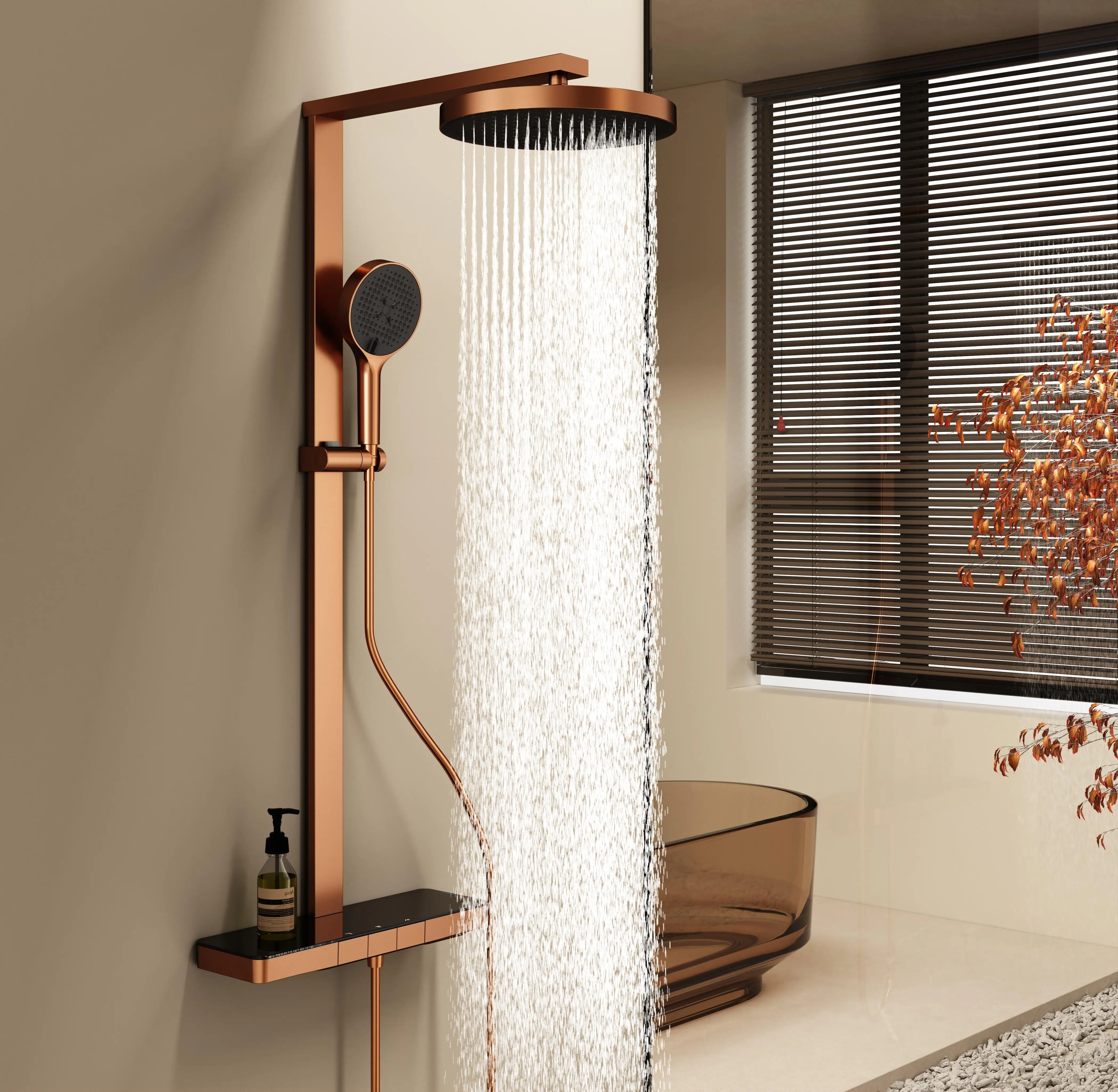 Exquisite  Rose Gold PVD Finish Polished Brass  Shower System Rain Shower Mixer  Faucet with Modern Design Single  Shower Head