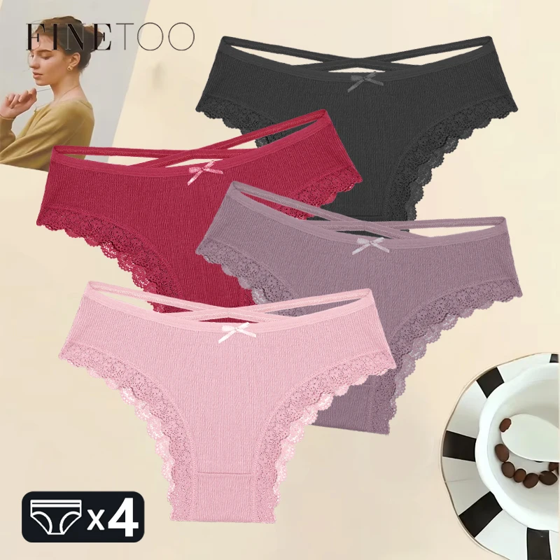 FINETOO 4 teile/satz frauen Baumwolle Höschen Sexy Spitze Braizlian Briefs Atmungsaktive Gestreiften Unterwäsche Weibliche Kreuz Gürtel Solide Dessous