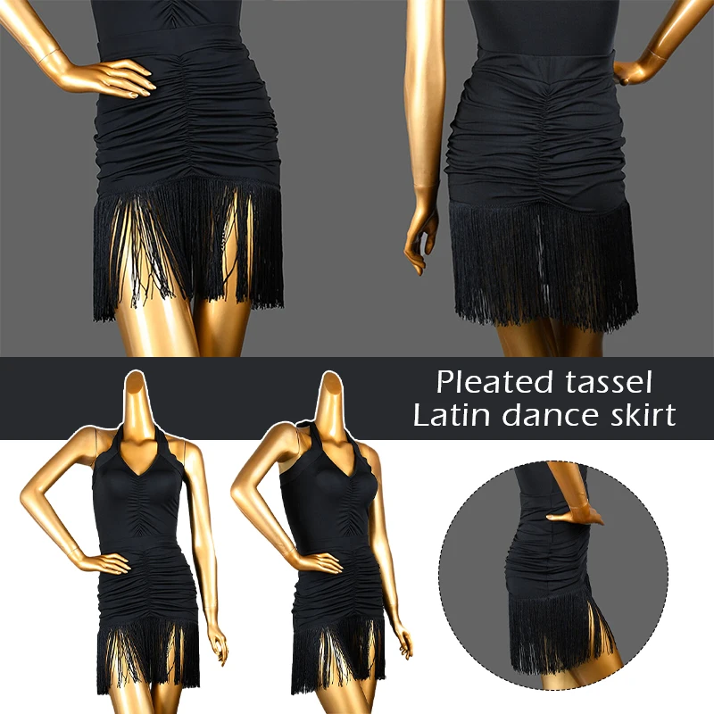 Women Black Latin Dance Skirt Tassel Wrap Ruched Ballroom Skirts Rumba Samba Tango Chacha Ruffles Skirts Belly Dance Costume