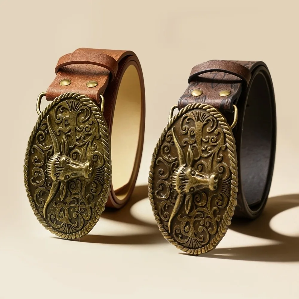 Ox Head Carved Buckle Western Cowboy Belt Bohemian Print Design Adjustable Length Vintage Casual Belt Leather Texture