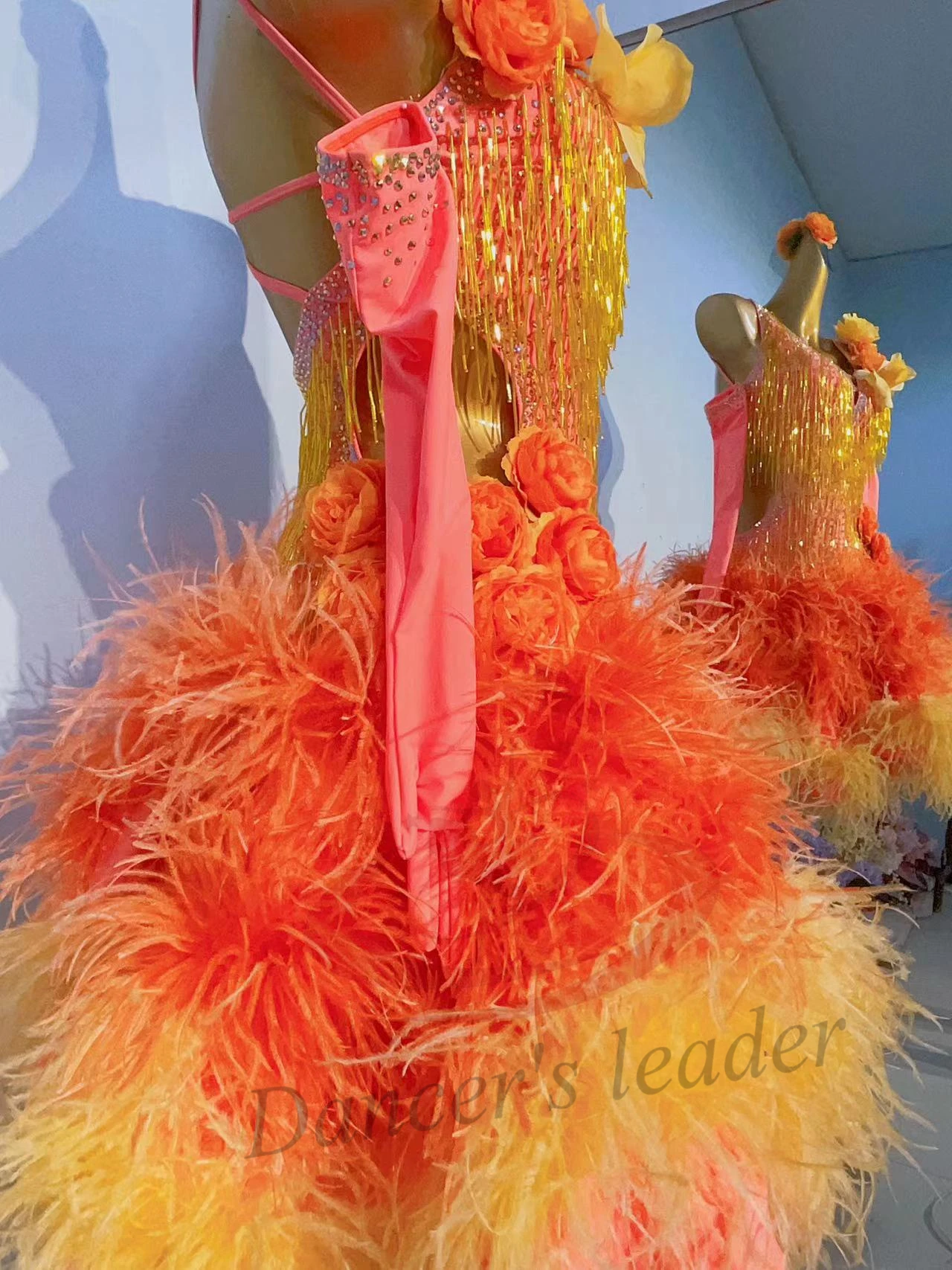 Abito professionale da ballo latino Abbigliamento professionale da palcoscenico standard da donna con coda soffice bicolore personalizzato di fascia alta