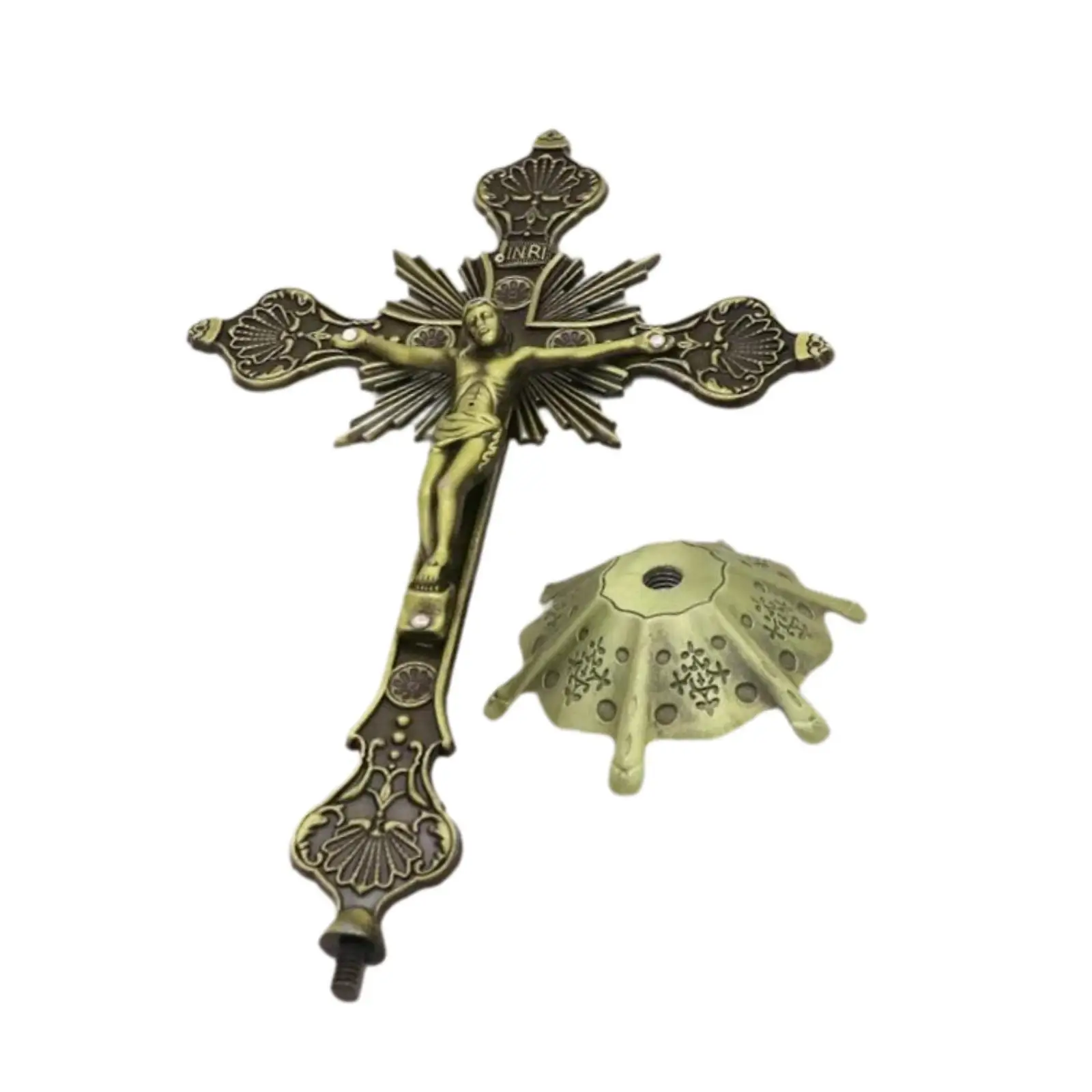 Small Metal Standing Crucifix Figurine Religious Cross Sculpture for Altar Table Centerpiece Display