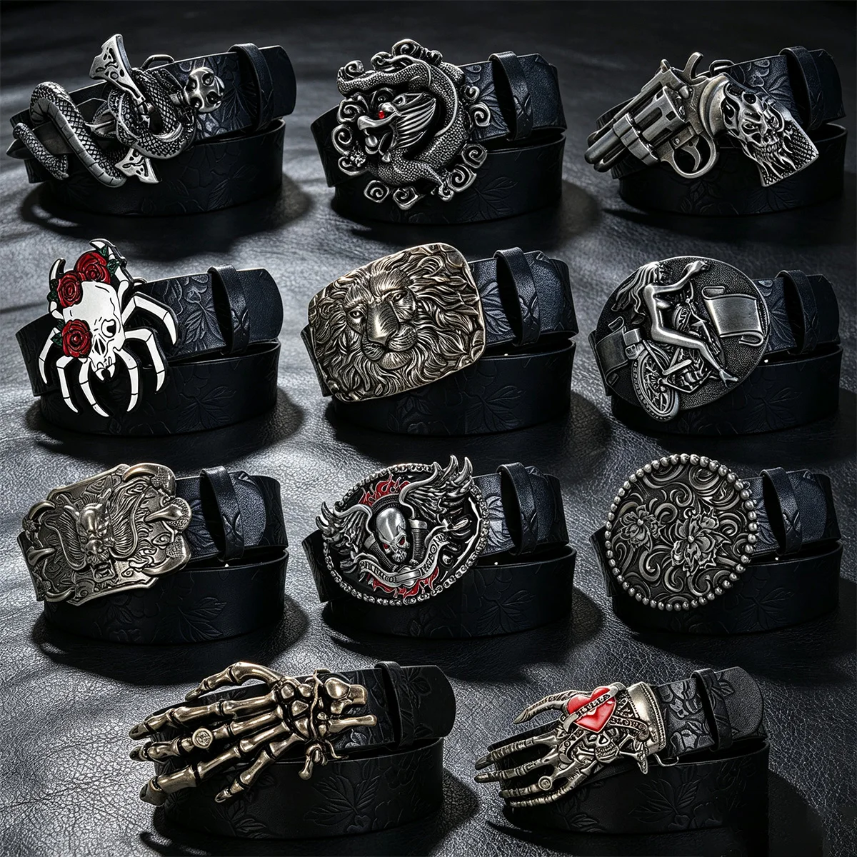 The ghost head element pistol craftsmanship Lion Spider Snake buckle Black Flower PU embossed button Gothic Women and men's belt