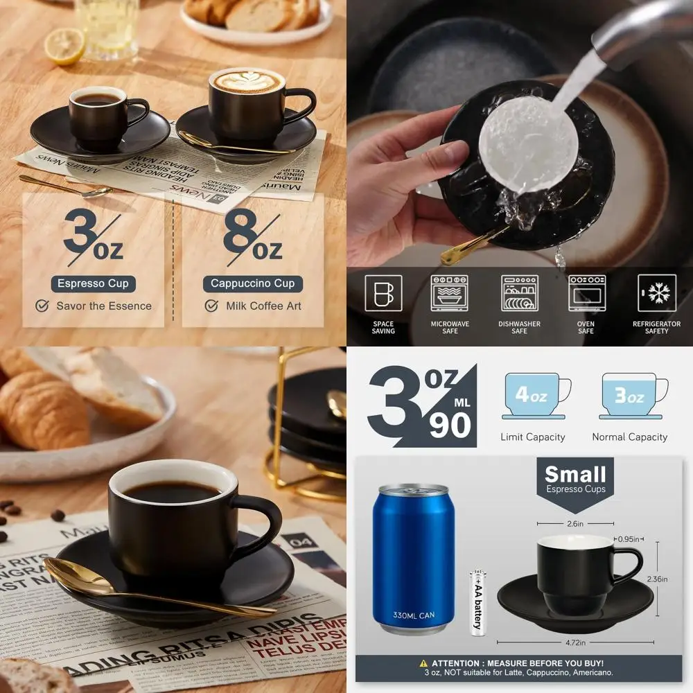 

3-Ounce Espresso Cups Set of 4, Small Stackable Coffee Cups with Saucers, Spoons and Metal Stand, Ceramic Demitasse Mugs, Espres