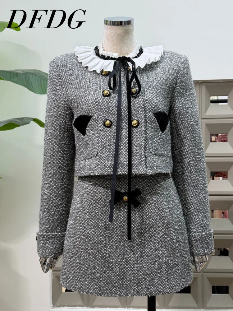 

DFDG Women’s 2025 Designer Casual Grey Double Breasted Round Neck Short Blazer & A-Line Skirt Two Piece Set With White Shirt Set