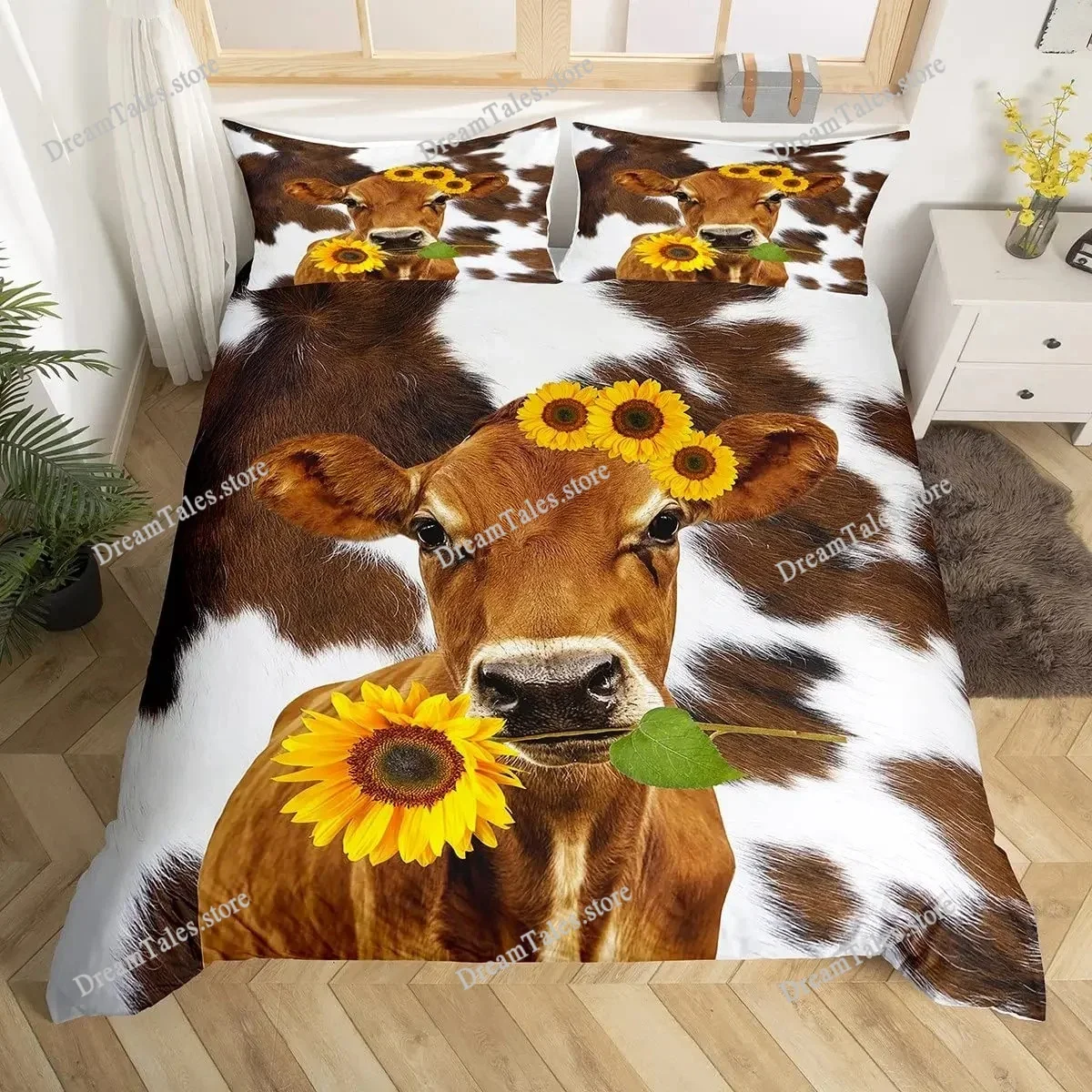 

Brown Cowhide Pattern Duvet Cover Set Cow Print Bedding Set Farmhouse Animal Fur Hair Polyester Comforter Cover with Pillowcase