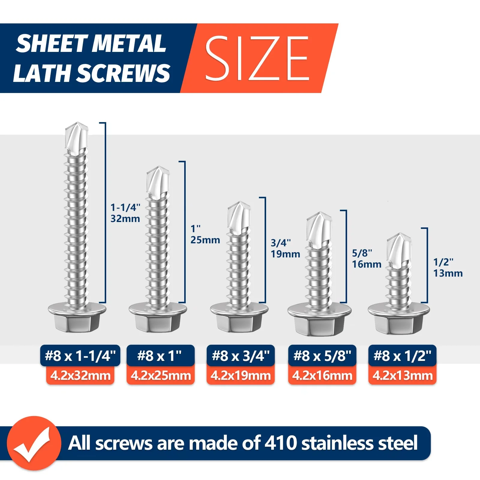 #8 M4.2 Self Tapping Sheet Metal Screws 410 Stainless Steel Hex Washer Head Tek Screws Lath to Metal with Hex Bit
