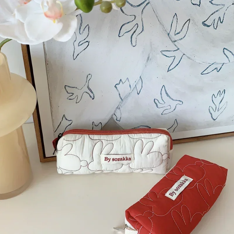 Kawaii Makeup Storage Pouch Korean Fasihon Lovely Rabbit Pencil Case Red Portable Women Cute Small Cosmetic Brush Storage Bags