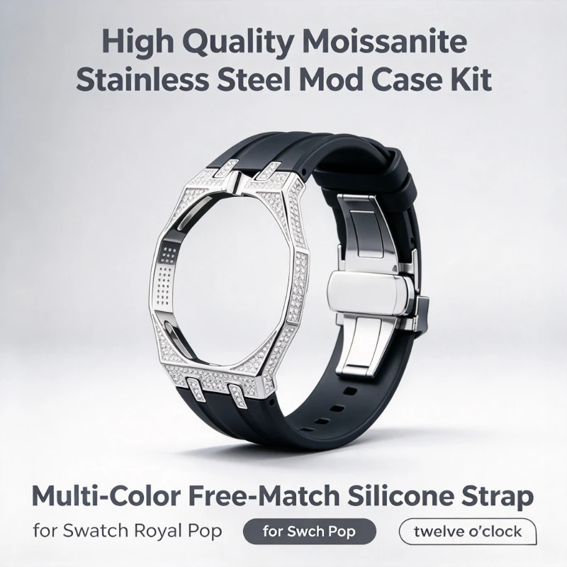 high quality MoissaniteStainless Steel Mod Case Kit, Multi‑Color Free‑Match Silicone Strap for Swatch Royal Pop twelve o'clock