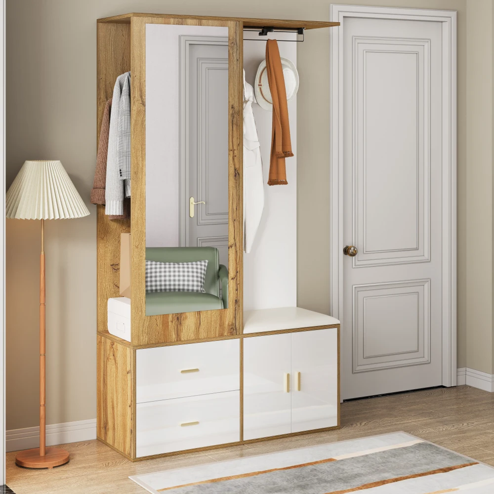 PINGGO Edles Garderoben-Set mit Spiegel, Schuhschrank, Schuhbank mit Haken, ausziehbarer Kleiderstange in Weiß und Holzfarben – Detail 6