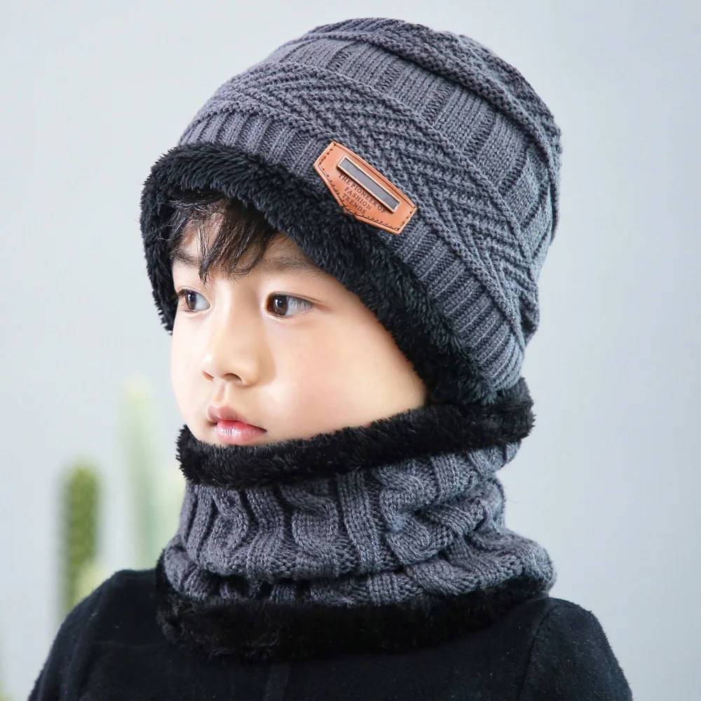 Kid Hat Scarf 2 Piece Set Short Plush Lnner Layer Boy Girl Knit Cap Ring Scarves Child Winter Outdoor Keep Warm Wear Accessories