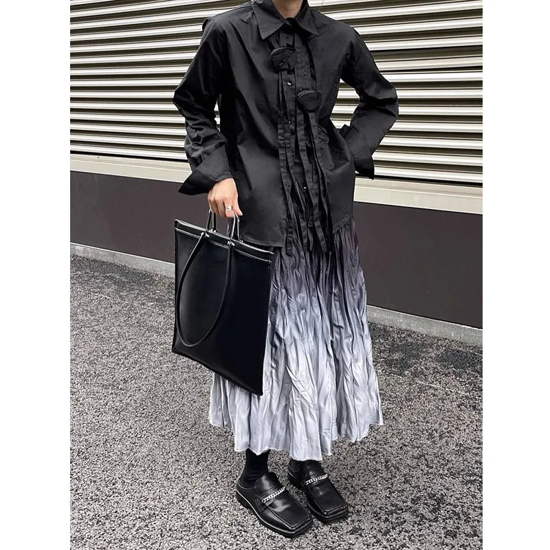 

New Spring Loose Women Appear Thin Pleated Skirt Gradient Pleated Texture High Waist Elastic Waist Comfortable Office Lady Skirt