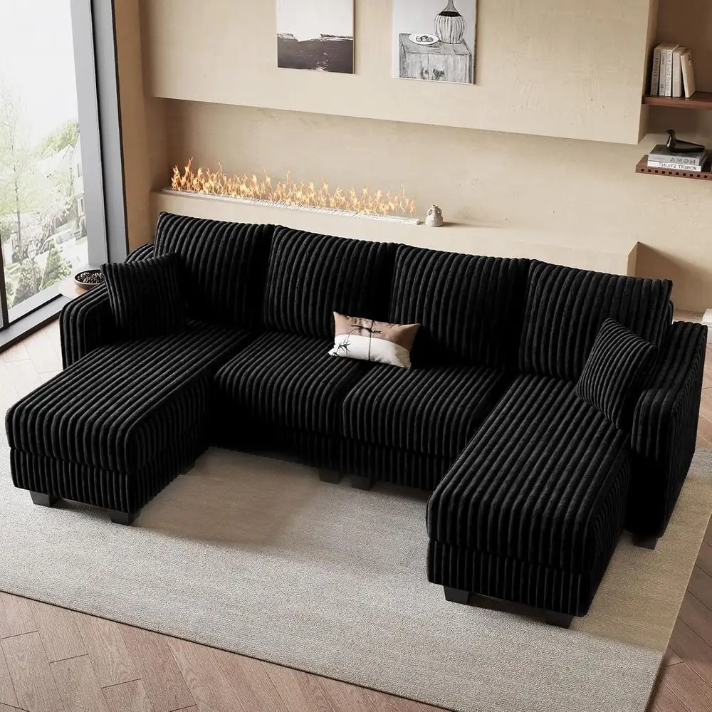 

Reversible Chaise Sectional Sofa with Ottoman in Black Corduroy