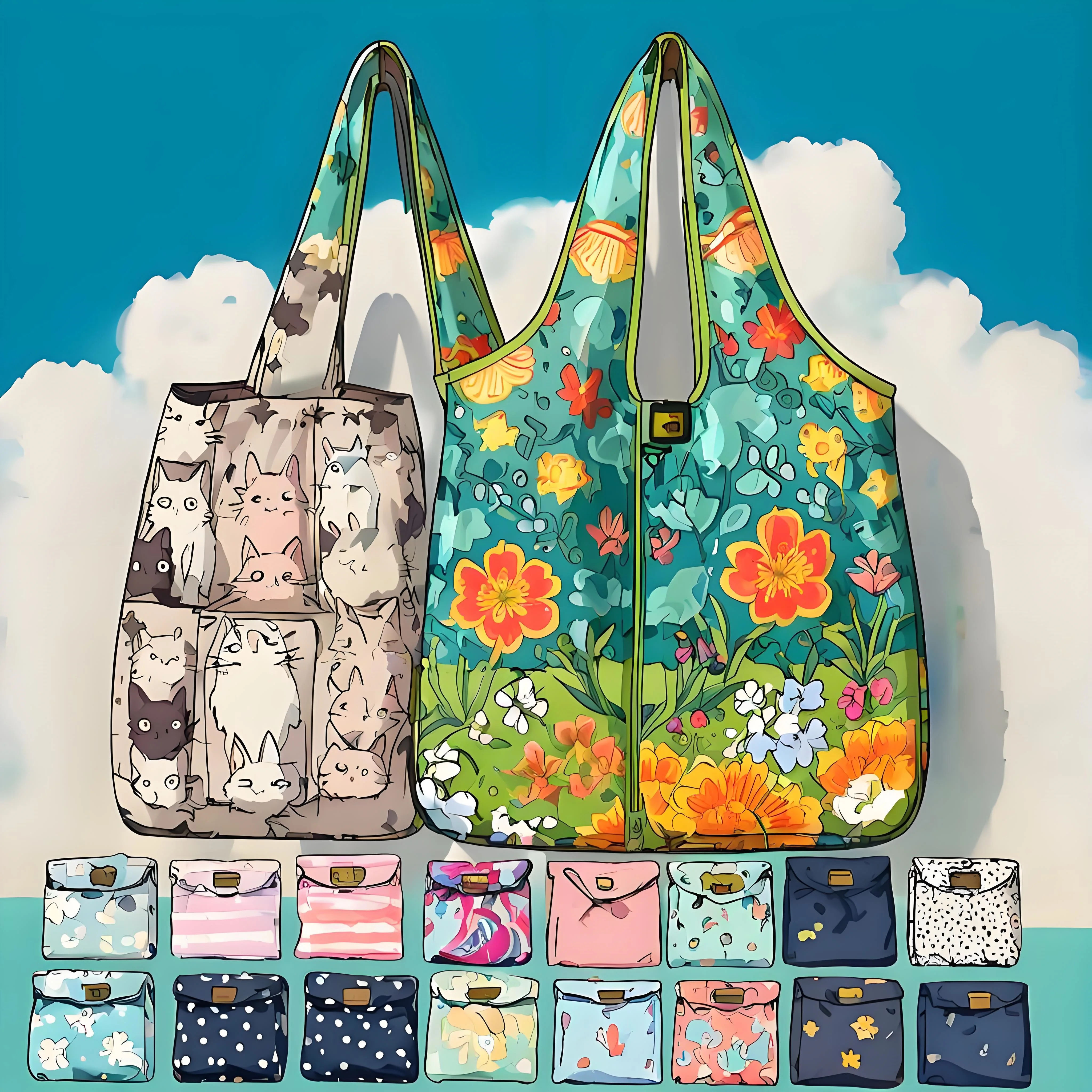 

Складные многоразовые сумки для покупок, женская милая тележка с рыбой, нейлоновая портативная сумка для продуктов с цветочным принтом, креативная легкая сумка-тоут