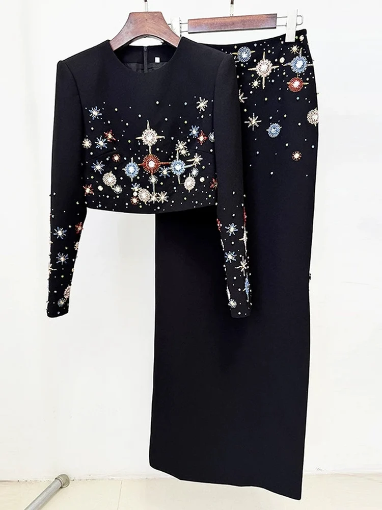 2025 Commuter Faion Star ort Diamond Embellished Top Gonna lunga Set Set due pezzi Heavy Work Sle Fibra di poliestere da donna...