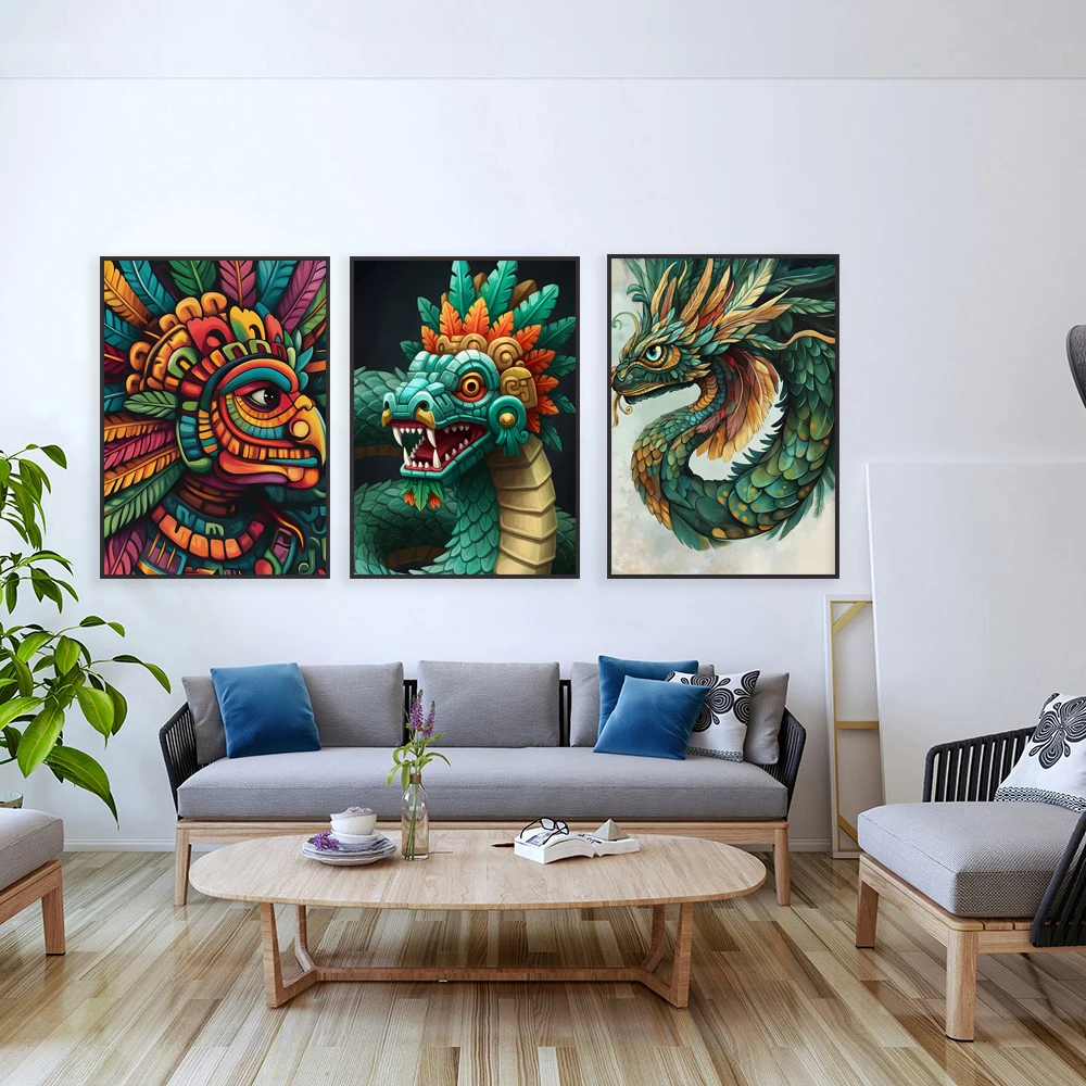 Aztec print, Quetzalcoatl art, Aztec snake god decoration, Quetzalcoatl mythology, Mexican Aztec god poster, snake symbol