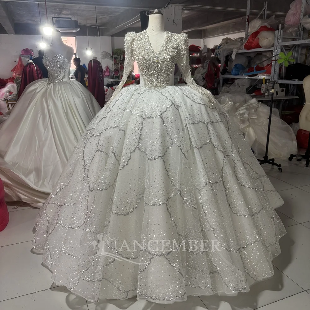 Sparkling Beading Ball Dress V-neck Long Sleeve Full Crystal Wedding Dress Bridal Dress Customized vestidos de novia boda