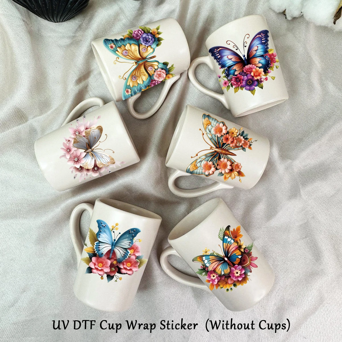 6pcs/pack 3D Butterflies and flowers UV DTF Transfer Stickers for Cup Mug Water Bottle, DIY Waterproof Stickers UV DTF Cup Wraps