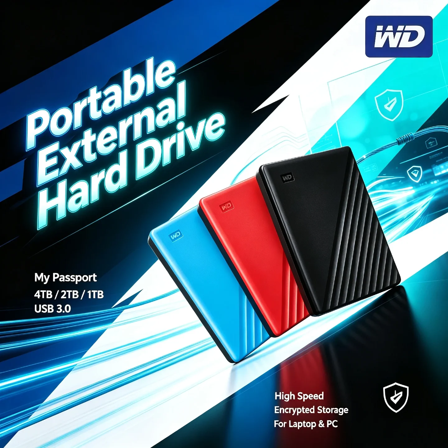 WD My Passport Portable External Hard Drive 1TB 2TB 4TB USB 3.0 Encrypted High Speed Mobile Storage for Laptop PC Unit
