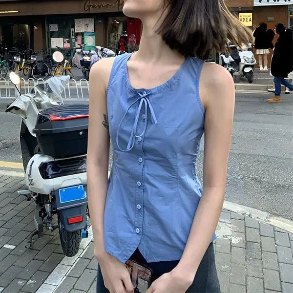 Romantic French Style New Women Tops Cotton O Neck Sleeveless Single Breasted Slim Solid Blue Vest French Elegant Female Clothes