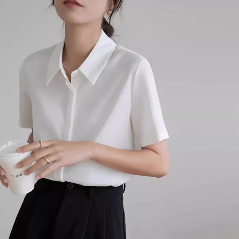 

Women's Satin White Blouse Short Sleeve Hidden Button Formal Office Shirt For Work Interview