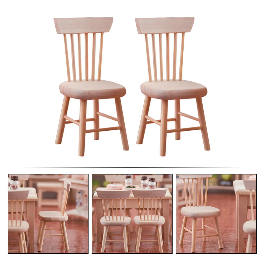 2 Pcs Chair Dollhouse Baby Highchairs Accessories and Furniture Wooden Model Tiny
