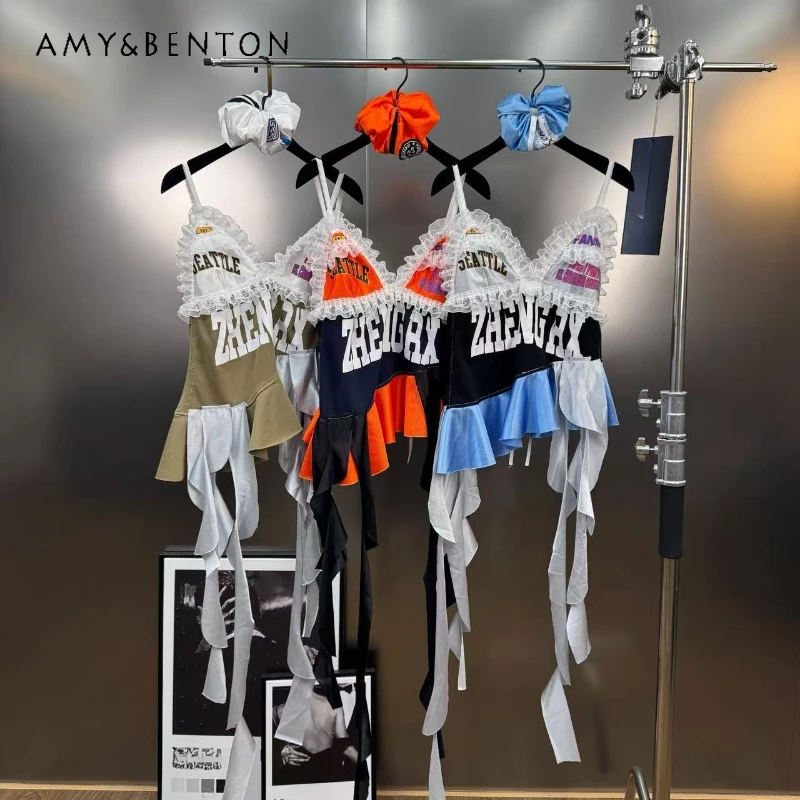 

Original Fashion Lace Splicing Letter Printing Women's Sling New Irregular Streamer Camisole Vest Hair Band Two-piece Set Ladies