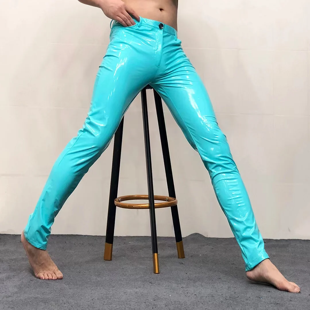 Bar Nightclub Male Singer Stage Skinny Leather Pants Bright Soft Leather Tight Motorcycle Trousers DJ Dancer Pencil Pants