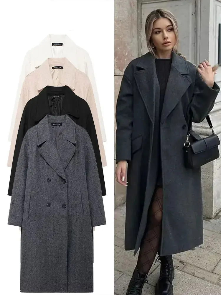 Płaszcz zimowy damski 2024, jednolity, z klapami, dwurzędowy, długi kardigan, top damski, kieszenie, streetwear, nowość, odzież wierzchnia.