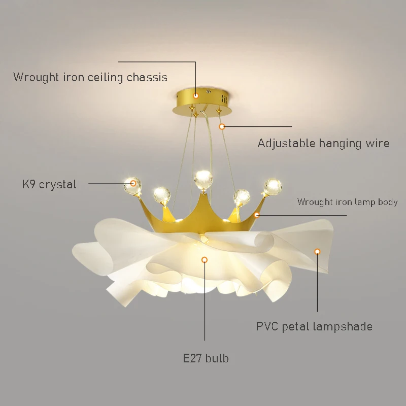 Modern Minimalist Bedroom Chandeliers Gold Crown Crystal Lamp Warm Romantic Children\'s Bedroom Princess Room Decor Petal Lamps