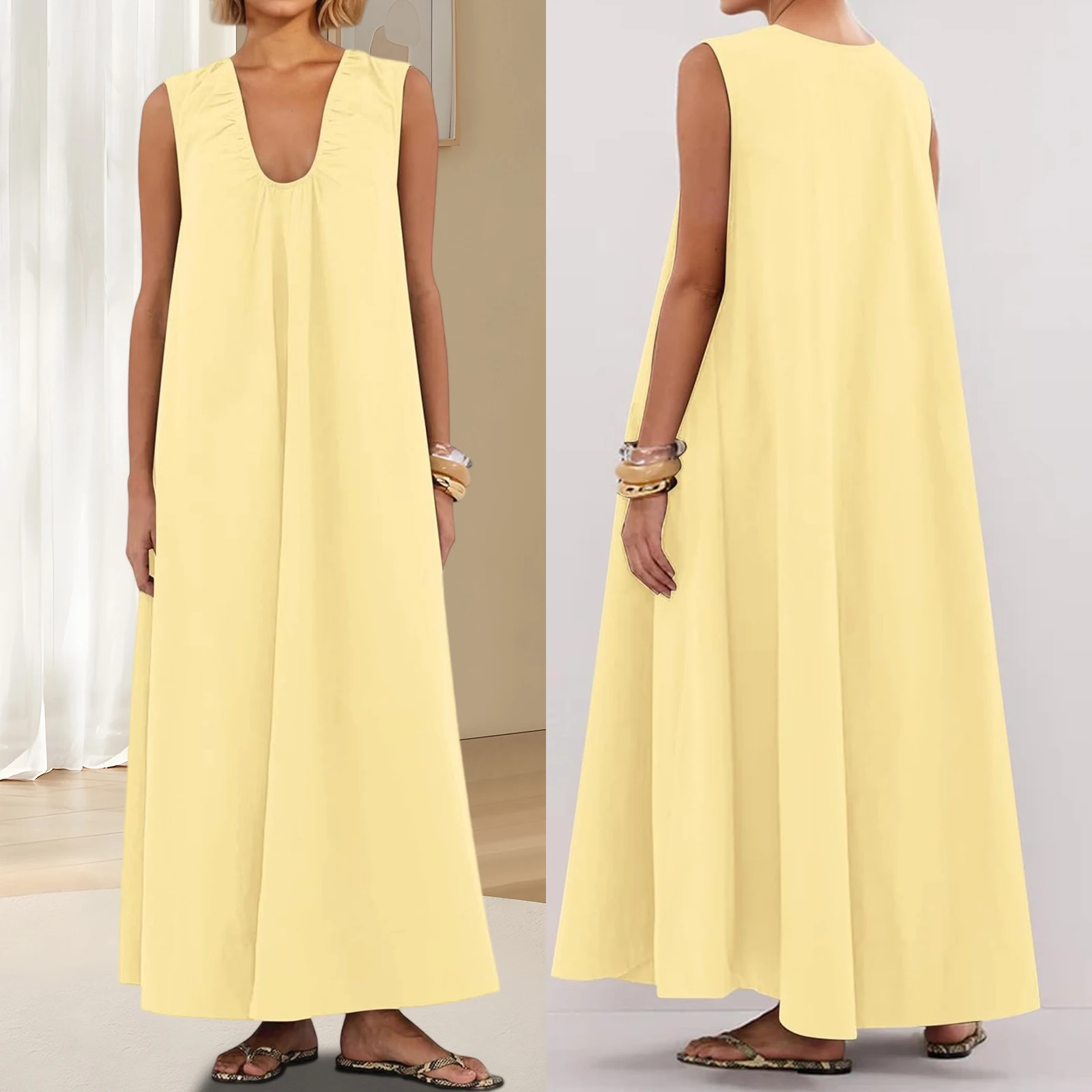 Women's Summer Fairycore Grunge Long Tank Dress Solid Color Sleeveless Scoop Neck Ruched Wide Shoulder Party Holiday Dress