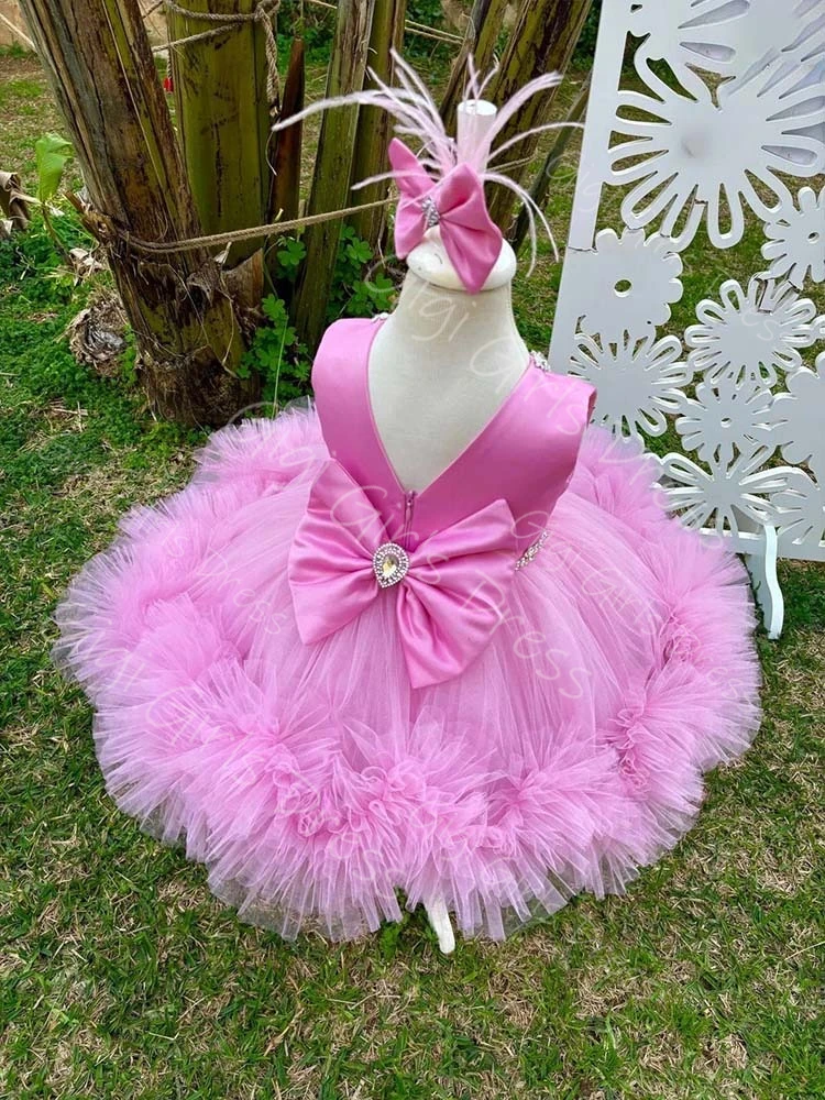 Vestido de cumpleaños para niñas, color rosa intenso, con tren desmontable, mariposa 3D, tul escalonado, vestido de princesa con flores para niñas, vestido de baile personalizado con cuentas