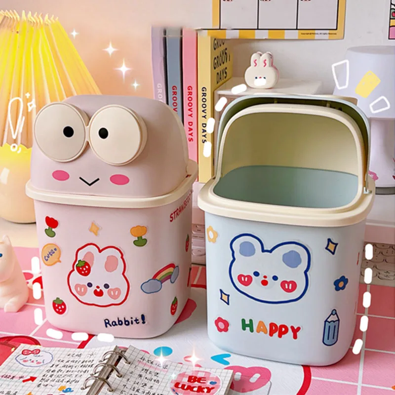 Cartoon Frog Desktop Mini Trash Can Bin Tube Bedroom Waste and Home Cleaning Garbage Can Storage Box with Cover Kawaii Stickers