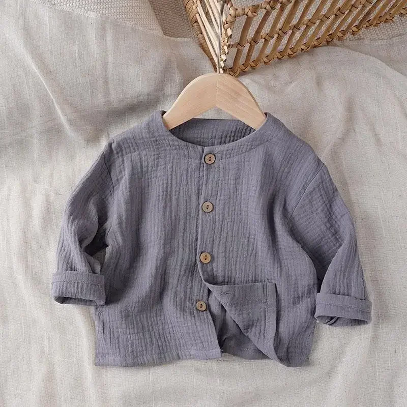 Artistic Style Baby Cotton Linen Long Sleeved Jacket for Boys and Girls Thin Buttoned Solid Color Cardigan