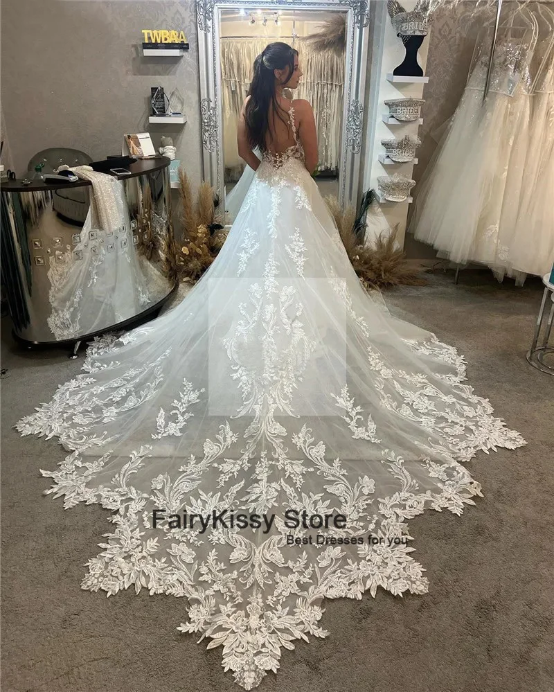 Fairy kissy Elfenbein Spitze Brautkleider eine Linie applizierte Spitze Brautkleid elegante Applikationen U-Ausschnitt bescheidene Braut Brautkleider